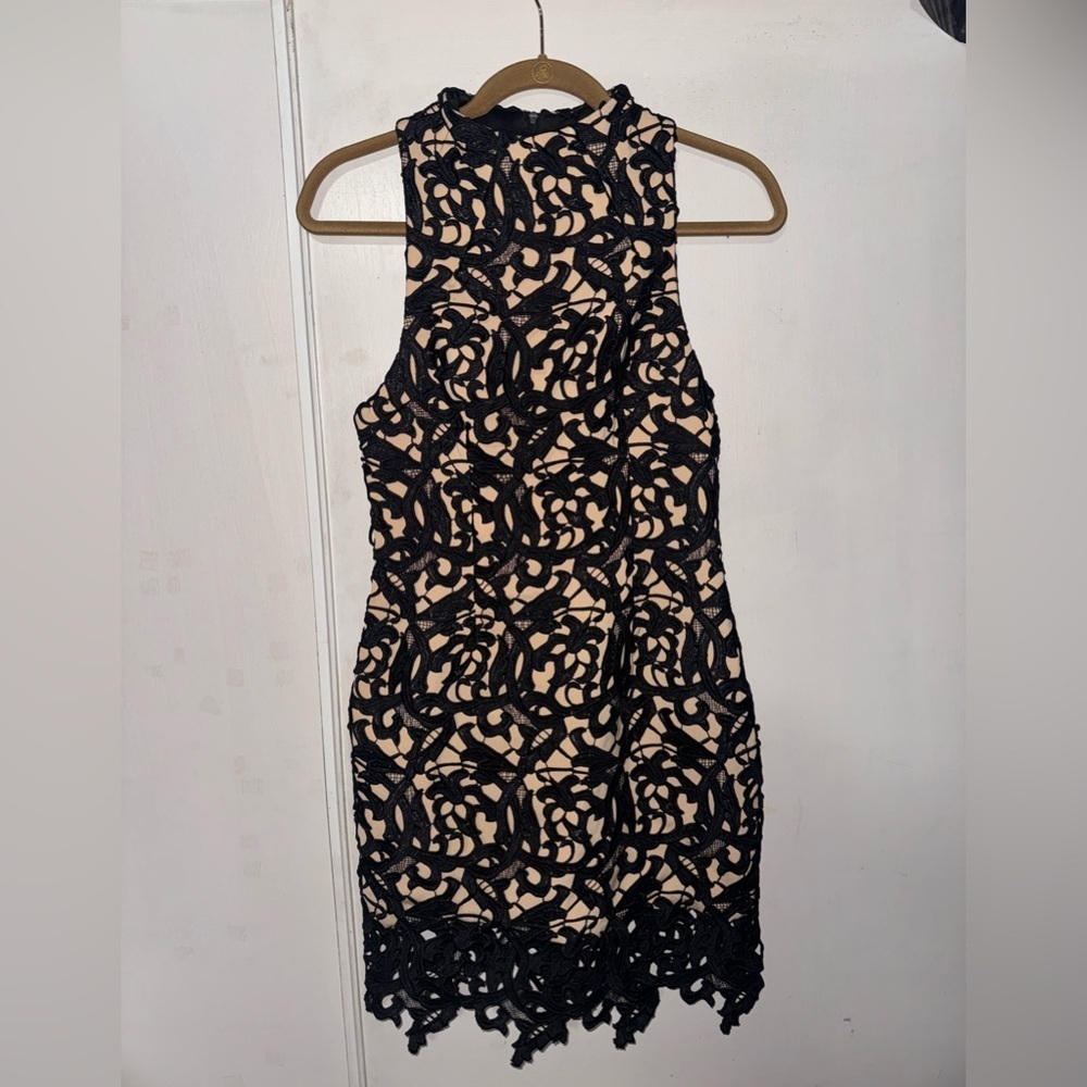 Cameo Black and Tan Halter Sheath Mini Dress